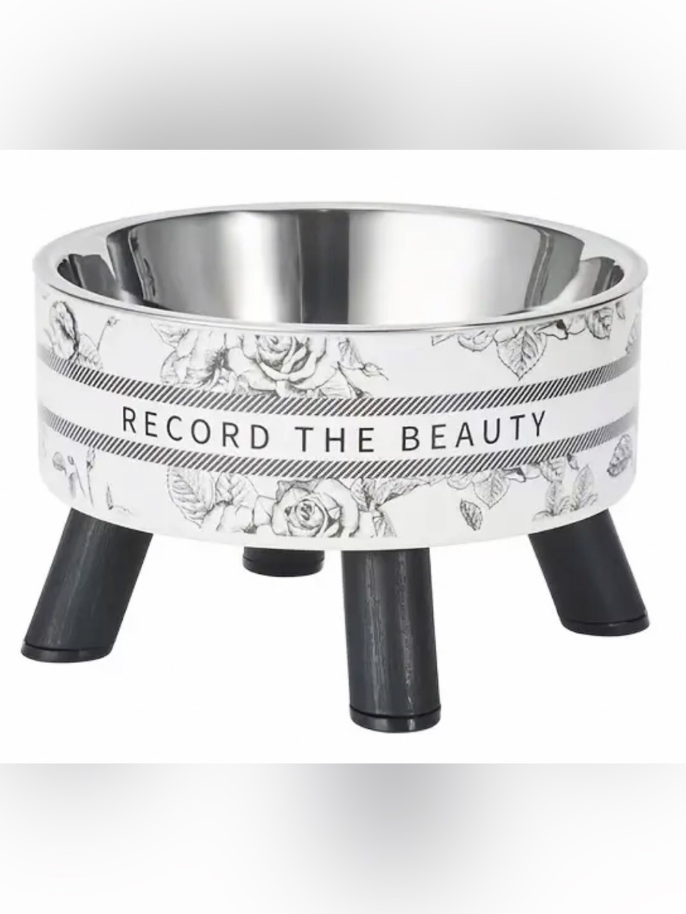 Record The Beauty Floral Pet Bowl - Black, Silver & White